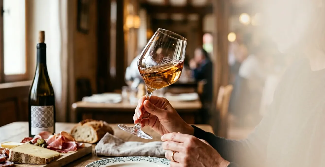 Scène gastronomique française avec dégustation de vin et plats raffinés