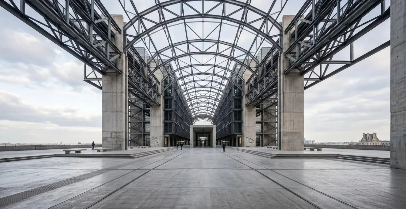 Architecture emblématique du Centre Pompidou avec sa structure tubulaire colorée dans un environnement urbain parisien