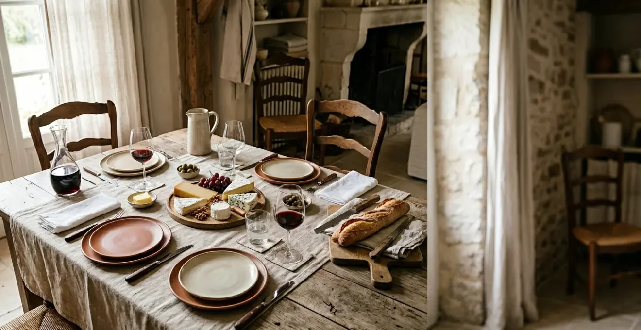 Table française dressée avec élégance, mettant en valeur la convivialité et l'art de vivre à la française