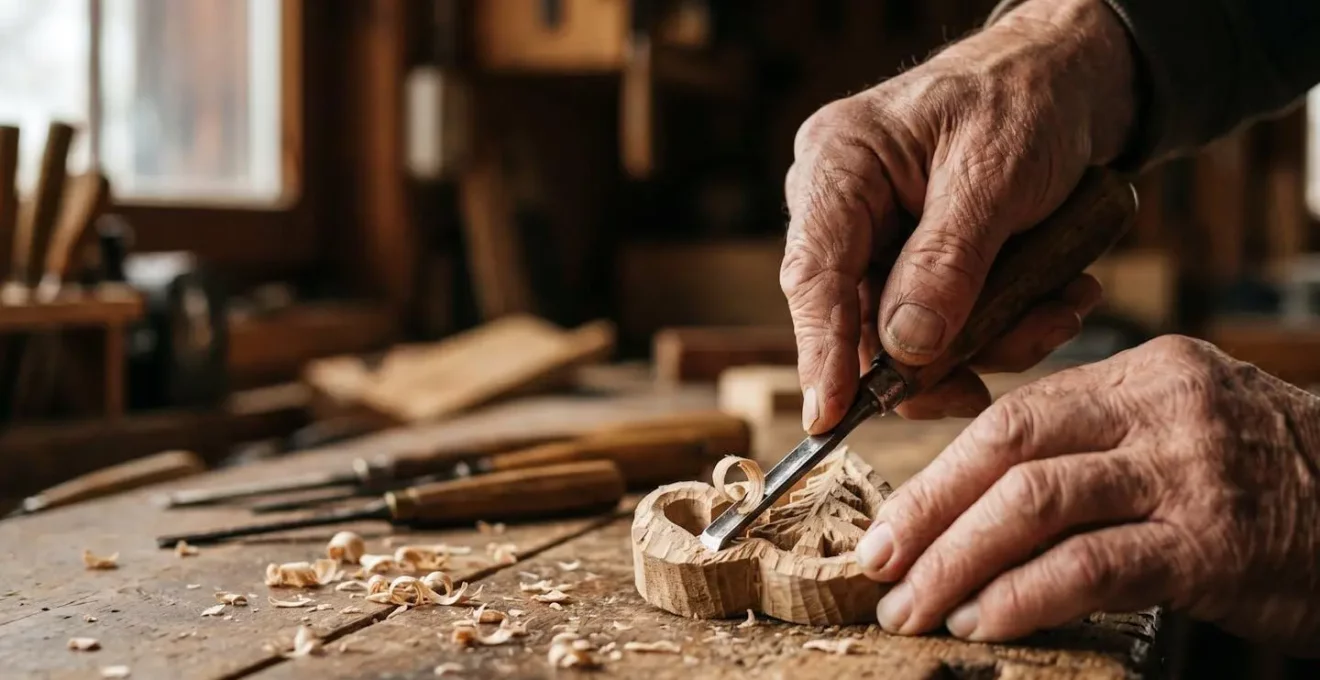 Gros plan sur les mains d'un artisan alsacien sculptant une décoration de Noël en bois dans son atelier