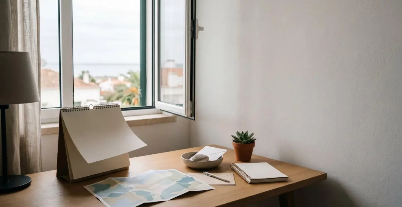 Vue minimaliste et contemplative d'un calendrier et d'éléments évoquant la planification de vacances dans un espace lumineux