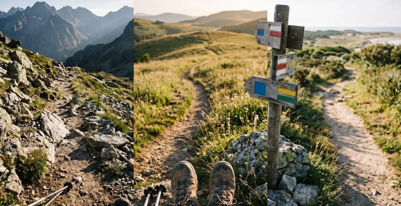 Croisement de sentiers de randonnée en montagne symbolisant le choix d'itinéraire