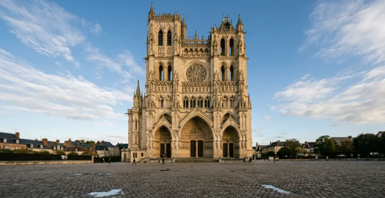 Façade monumentale d'une cathédrale gothique française avec rosace et portails sculptés sous lumière naturelle