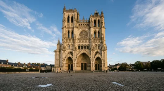 Façade monumentale d'une cathédrale gothique française avec rosace et portails sculptés sous lumière naturelle