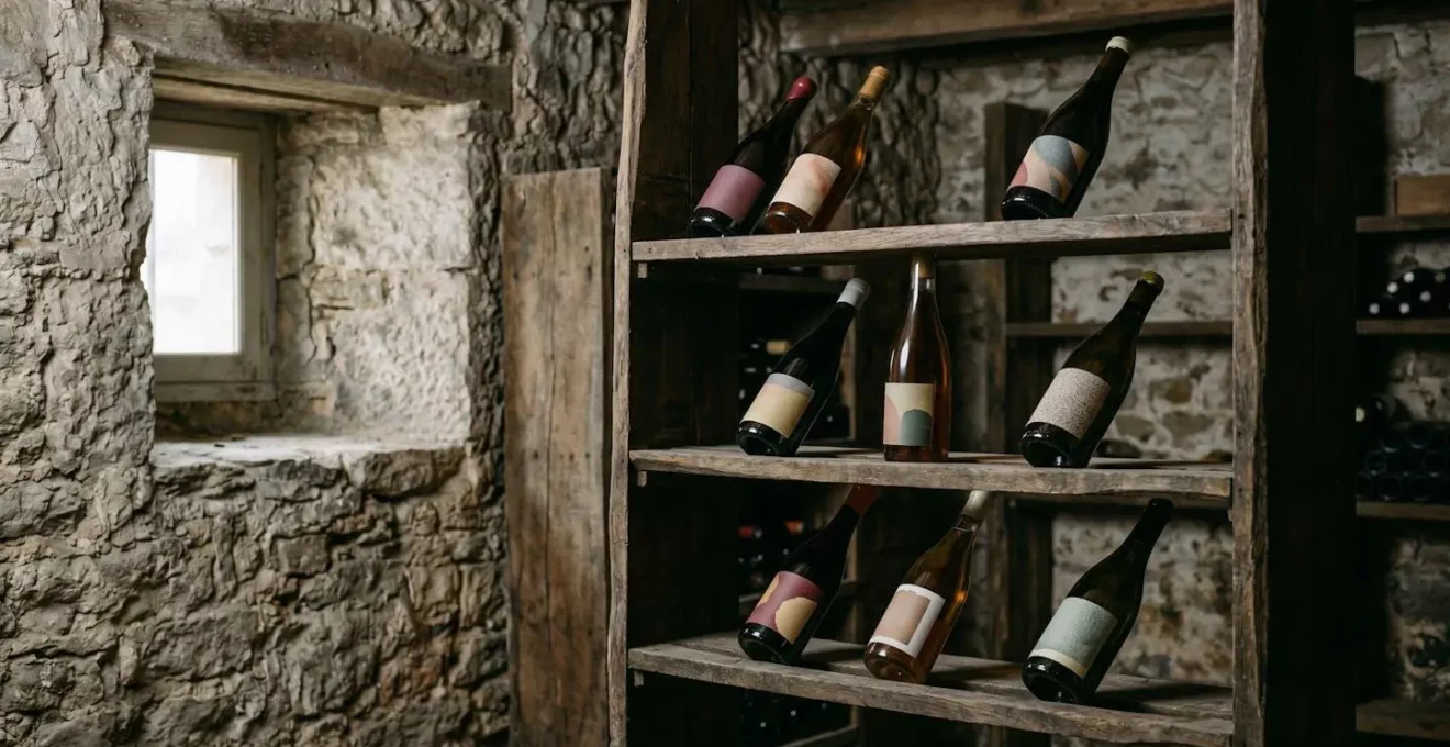 Collection soigneusement organisée de bouteilles de vin représentant diverses régions françaises dans une cave en pierre.