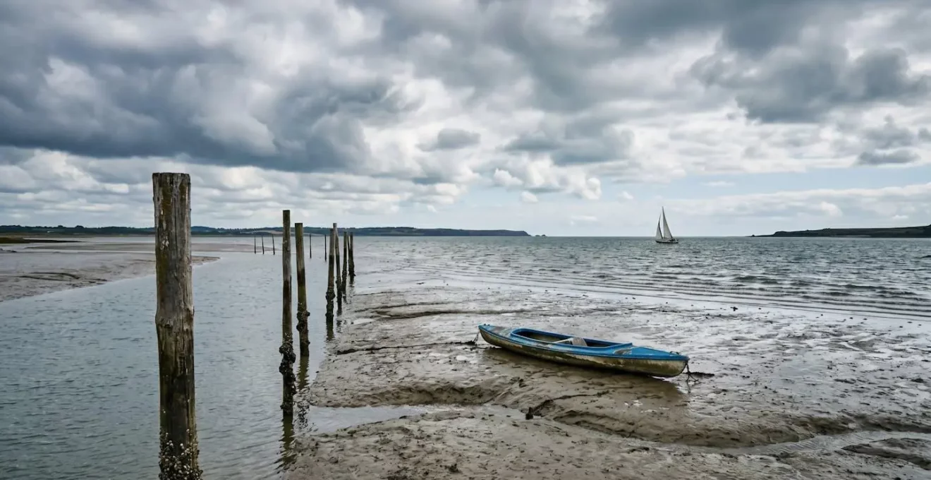 Vue panoramique d'un littoral montrant les différentes conditions de marée et de vent pour les activités nautiques