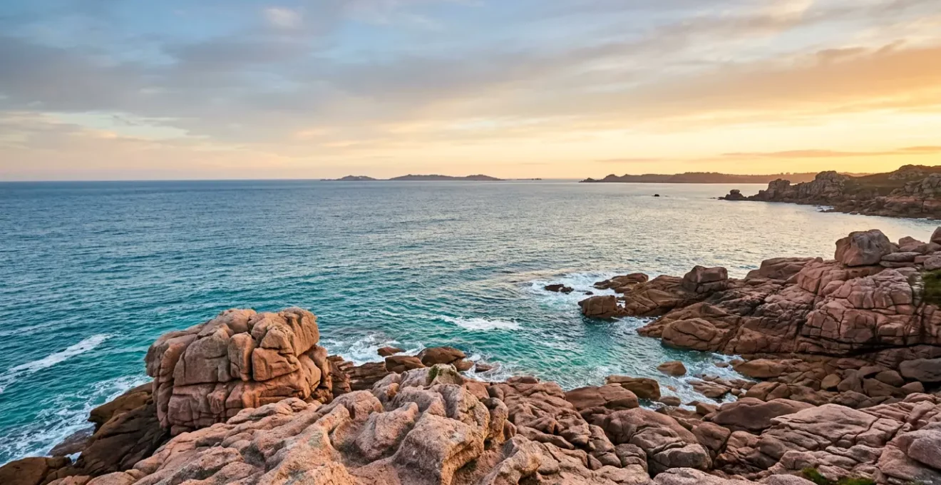 Paysage côtier breton avec rochers de granit rose et mer turquoise sous un ciel lumineux