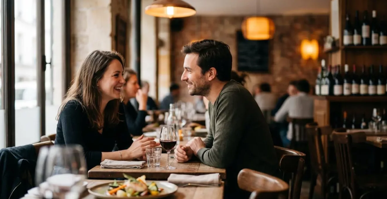 Couple profitant d'un dîner romantique dans un restaurant bistronomique français à l'ambiance chaleureuse