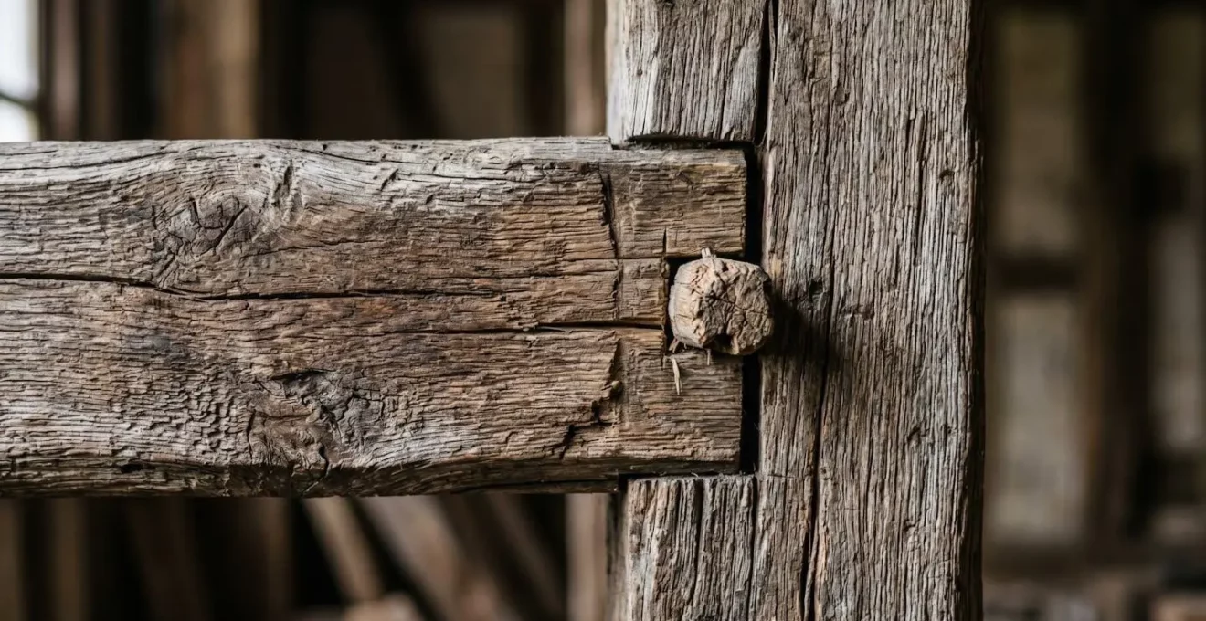 Gros plan macro sur un assemblage traditionnel de colombage montrant la jonction tenon-mortaise en bois de chêne avec cheville apparente