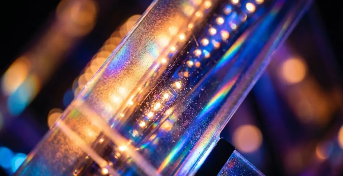 Détail en gros plan d'une installation lumineuse artistique montrant les textures et les effets de lumière colorée
