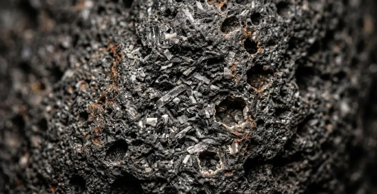 Gros plan macro sur la texture granuleuse de la pierre volcanique de Volvic montrant les cristaux et la porosité caractéristique du matériau de construction auvergnat