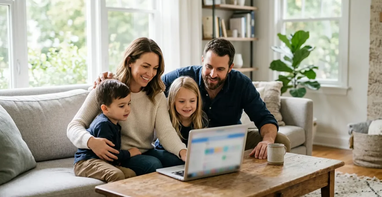 Famille consultant ensemble des options de locations de vacances en France sur une tablette dans un cadre lumineux et rassurant