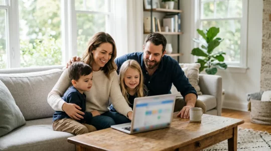 Famille consultant ensemble des options de locations de vacances en France sur une tablette dans un cadre lumineux et rassurant