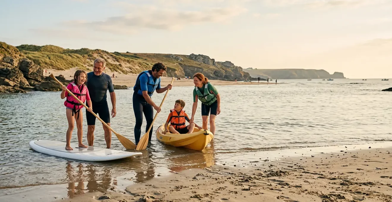 Famille pratiquant des activités nautiques sur le littoral français lors d'une journée ensoleillée