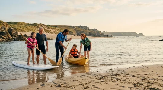 Famille pratiquant des activités nautiques sur le littoral français lors d'une journée ensoleillée