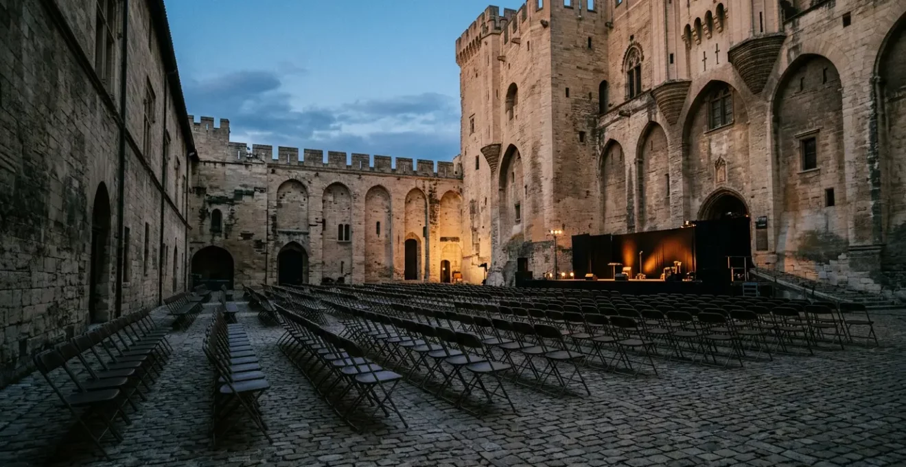 Scène de théâtre illuminée dans la cour d'honneur du Palais des Papes à Avignon lors du festival