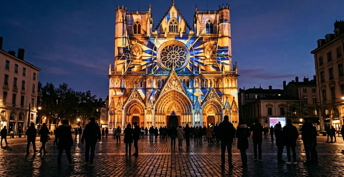 La cathédrale Saint-Jean de Lyon illuminée lors de la Fête des Lumières avec projection lumineuse sur la façade et foule de visiteurs en soirée