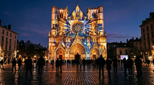 La cathédrale Saint-Jean de Lyon illuminée lors de la Fête des Lumières avec projection lumineuse sur la façade et foule de visiteurs en soirée