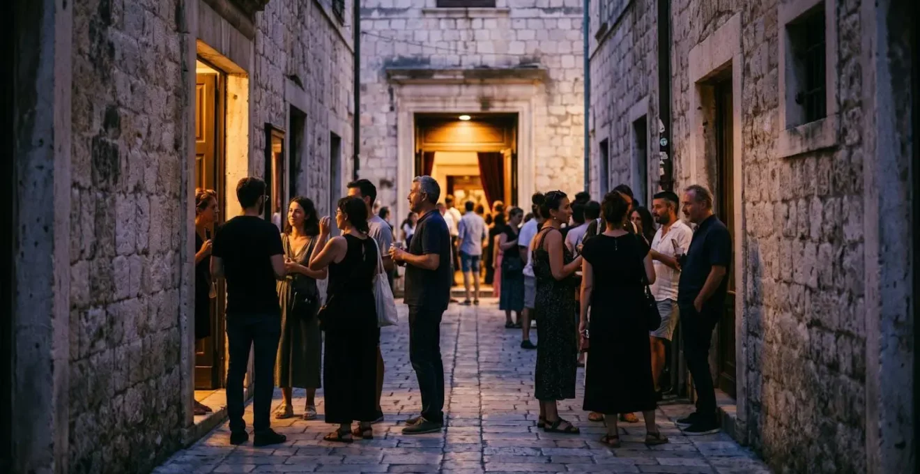 File d'attente de spectateurs devant une façade en pierre provençale dans une ruelle d'Avignon au crépuscule