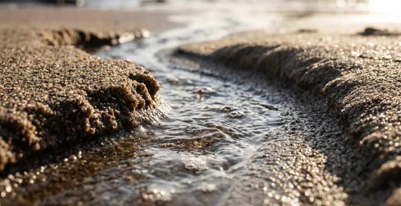 Schéma naturel montrant la formation d'une baïne entre deux bancs de sable sur une plage atlantique