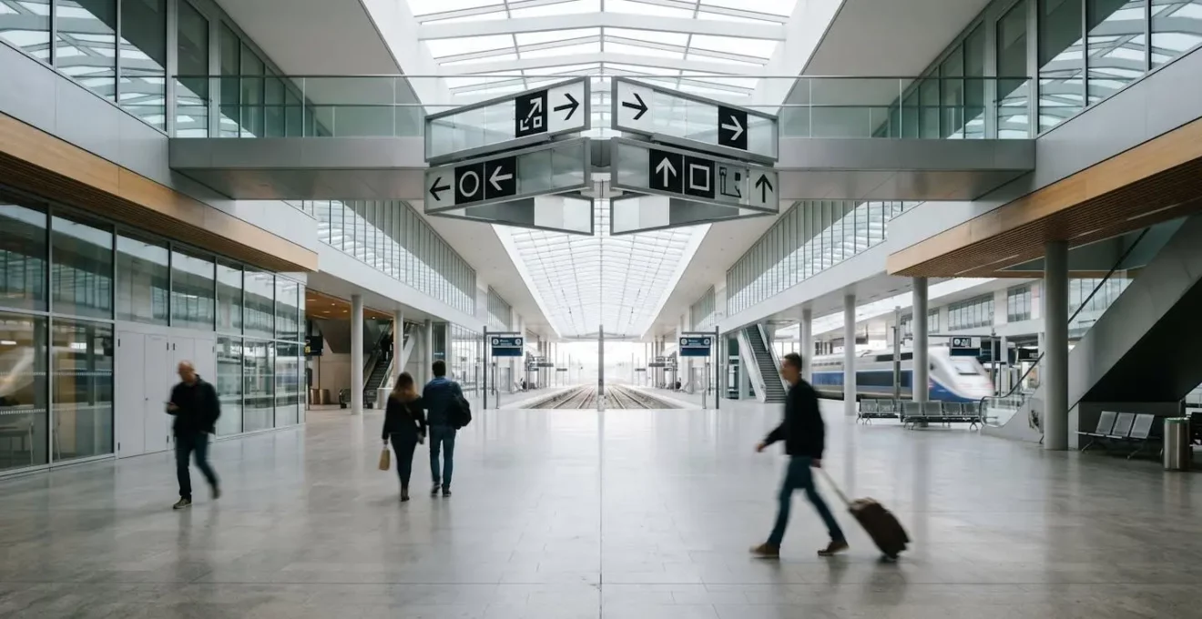 Panneau directionnel moderne dans une gare ferroviaire française avec flèches et symboles abstraits