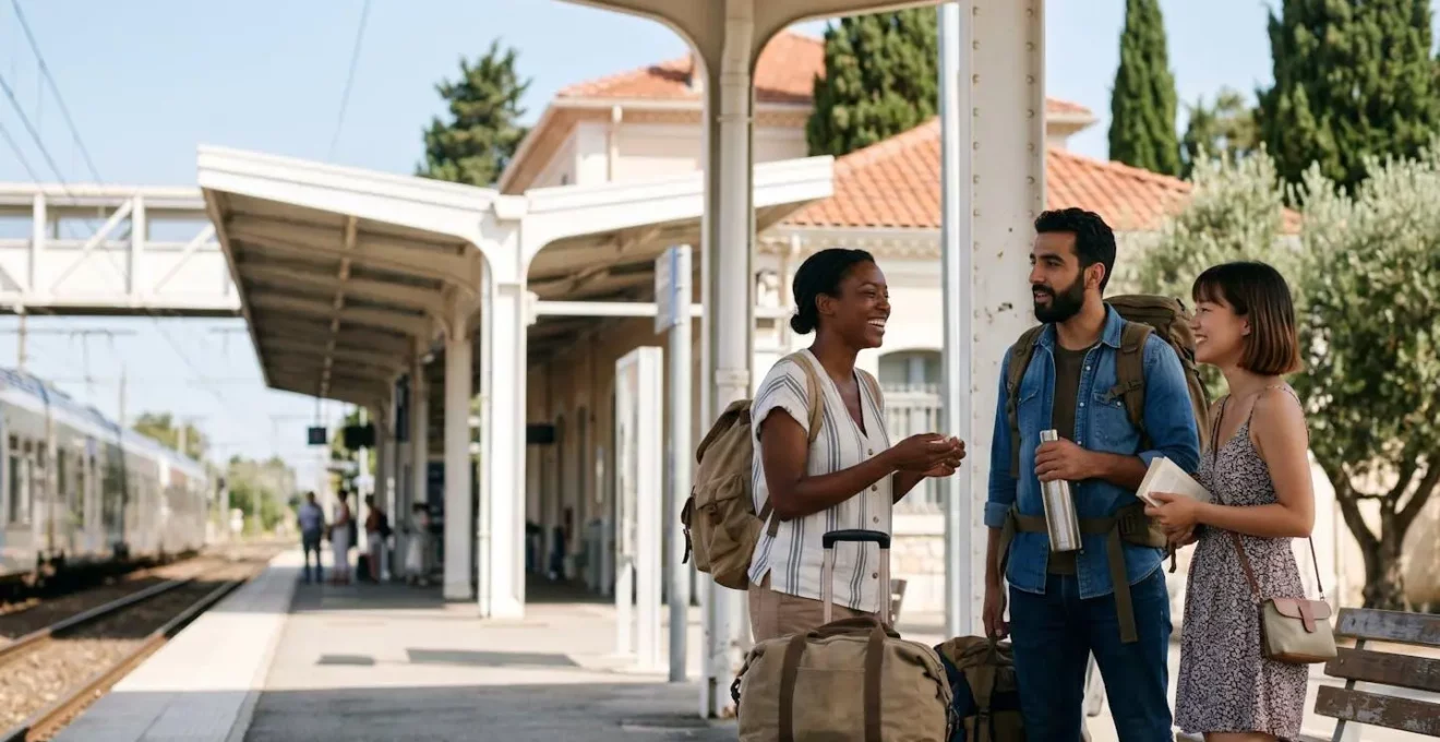 Voyageurs sur le quai d'une gare régionale en Occitanie attendant un train TER
