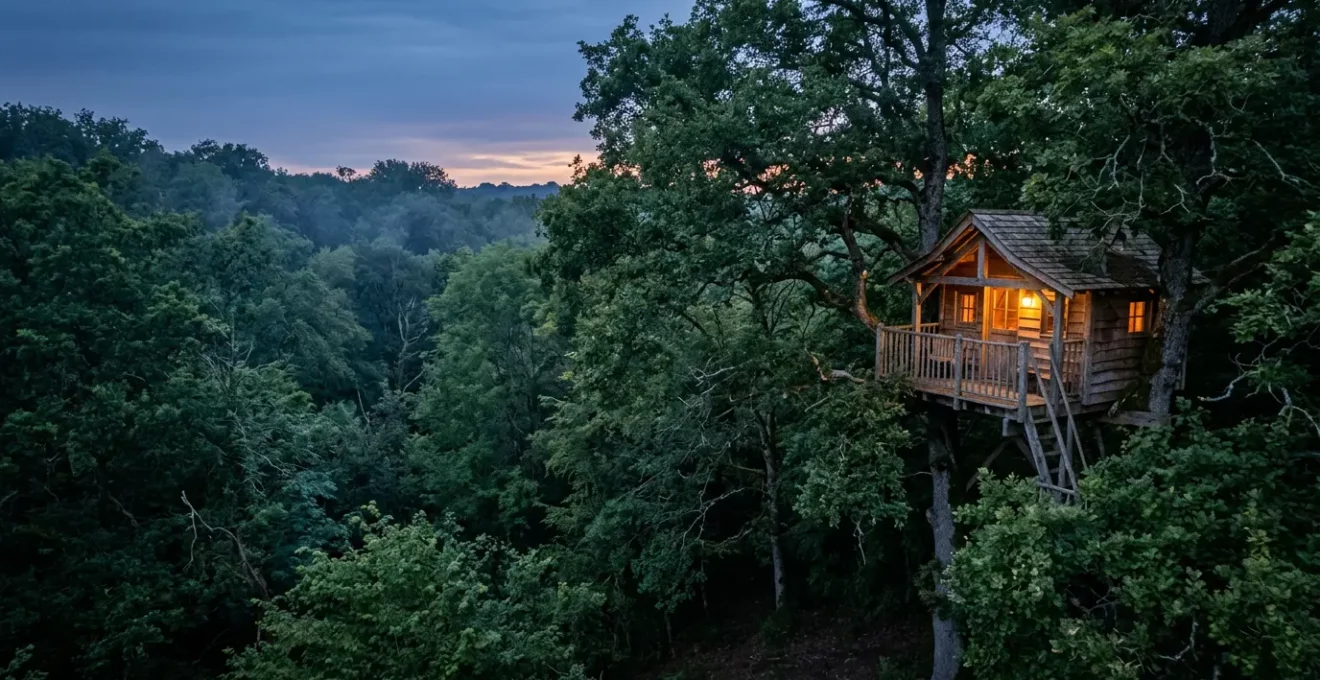Cabane perchée nichée dans une forêt française au crépuscule, entourée de nature luxuriante