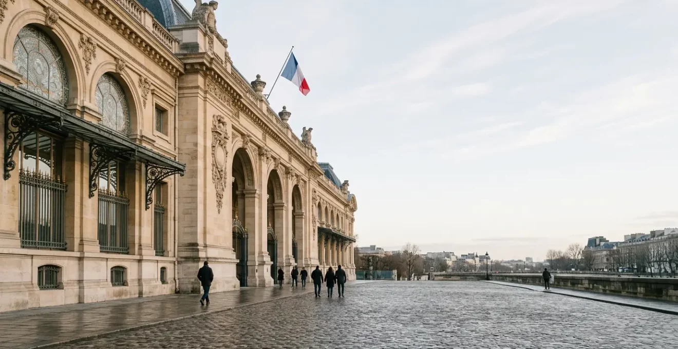 Vue architecturale de musées français emblématiques avec visiteurs dans un environnement culturel parisien