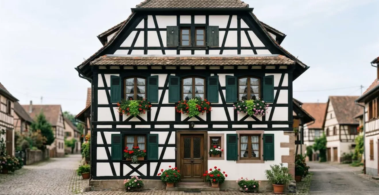 Maison alsacienne à colombages blancs avec volets verts typique de l'Outre-Forêt dans le nord de l'Alsace, architecture sobre et géométrique