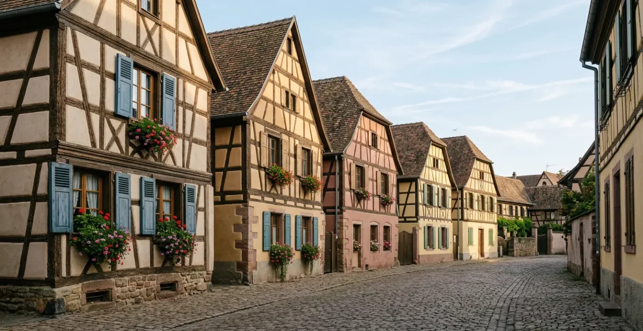 Maisons à colombages traditionnelles alsaciennes avec façades colorées ornées de géraniums dans une rue pavée de village