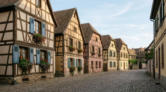 Maisons à colombages traditionnelles alsaciennes avec façades colorées ornées de géraniums dans une rue pavée de village