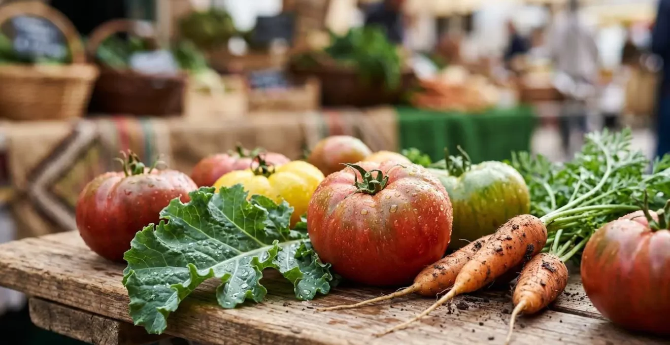 Marché français traditionnel avec étals de légumes de saison et produits locaux pour restaurants bistronomiques