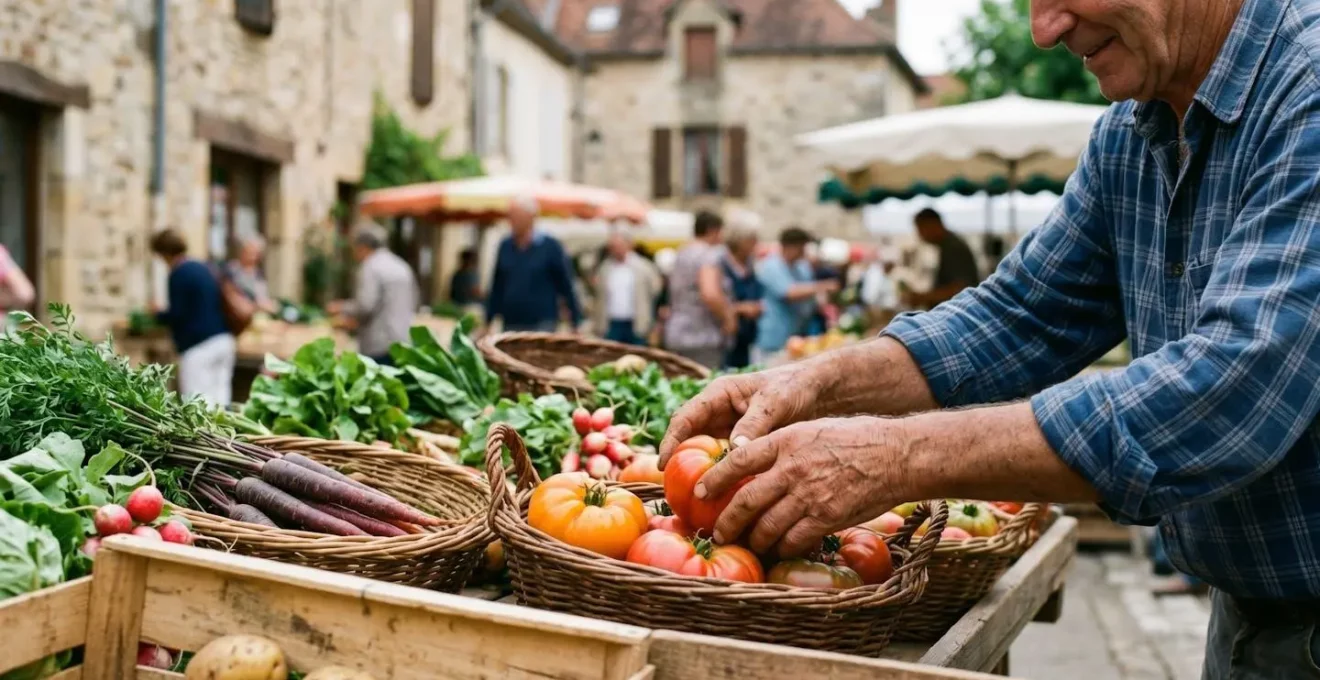 Marché de producteurs français avec produits de saison et ambiance authentique du terroir