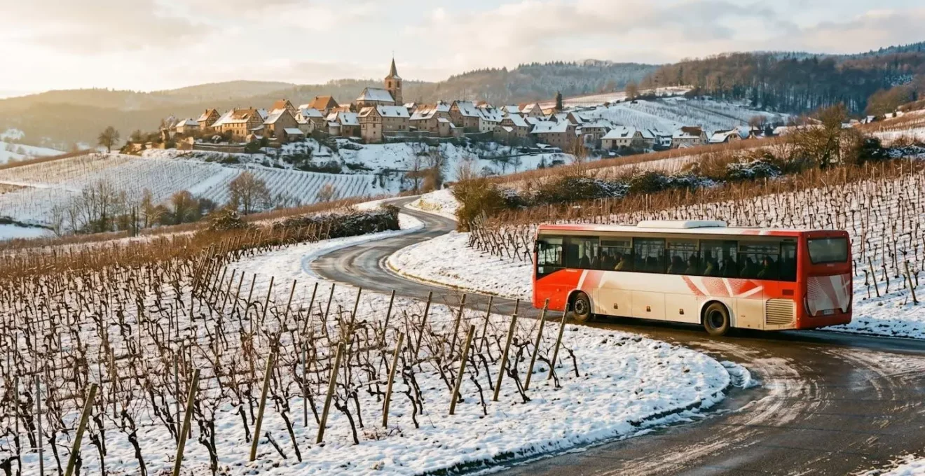Navette circulant sur la Route des Vins d'Alsace entre villages décorés pour Noël