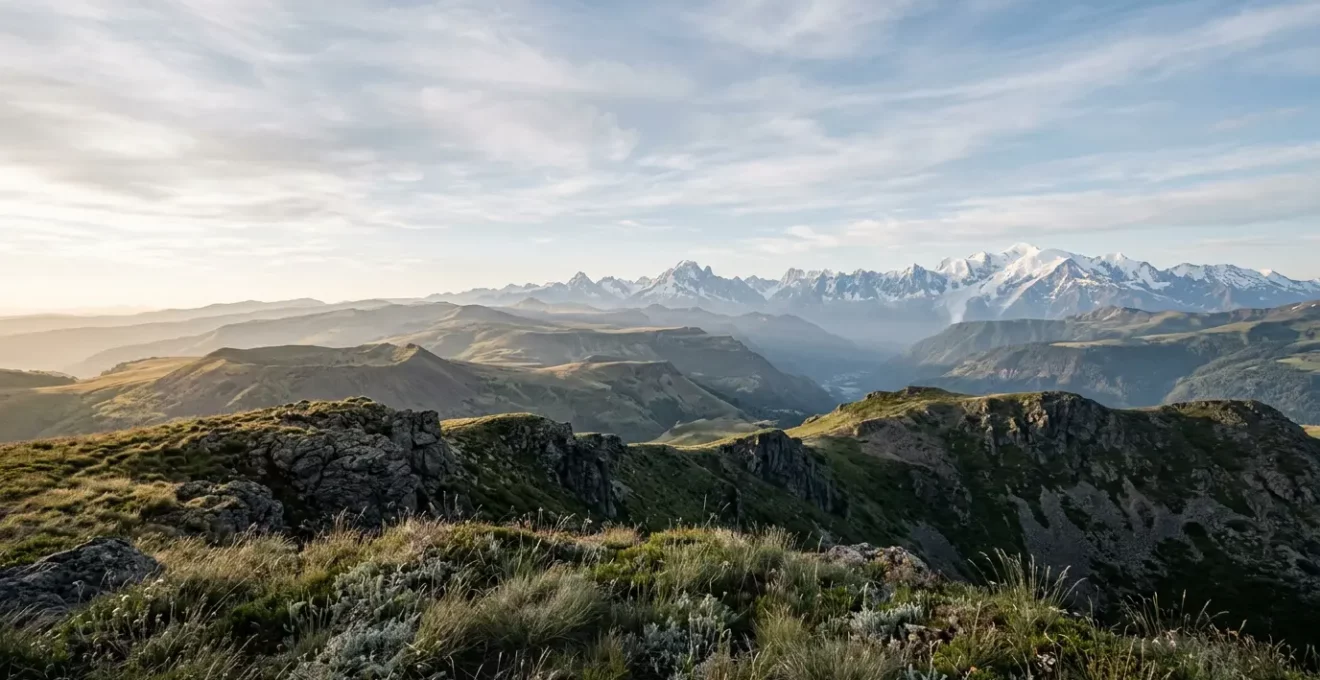 Vue panoramique contrastant les volcans d'Auvergne et les sommets alpins dans un paysage naturel spectaculaire