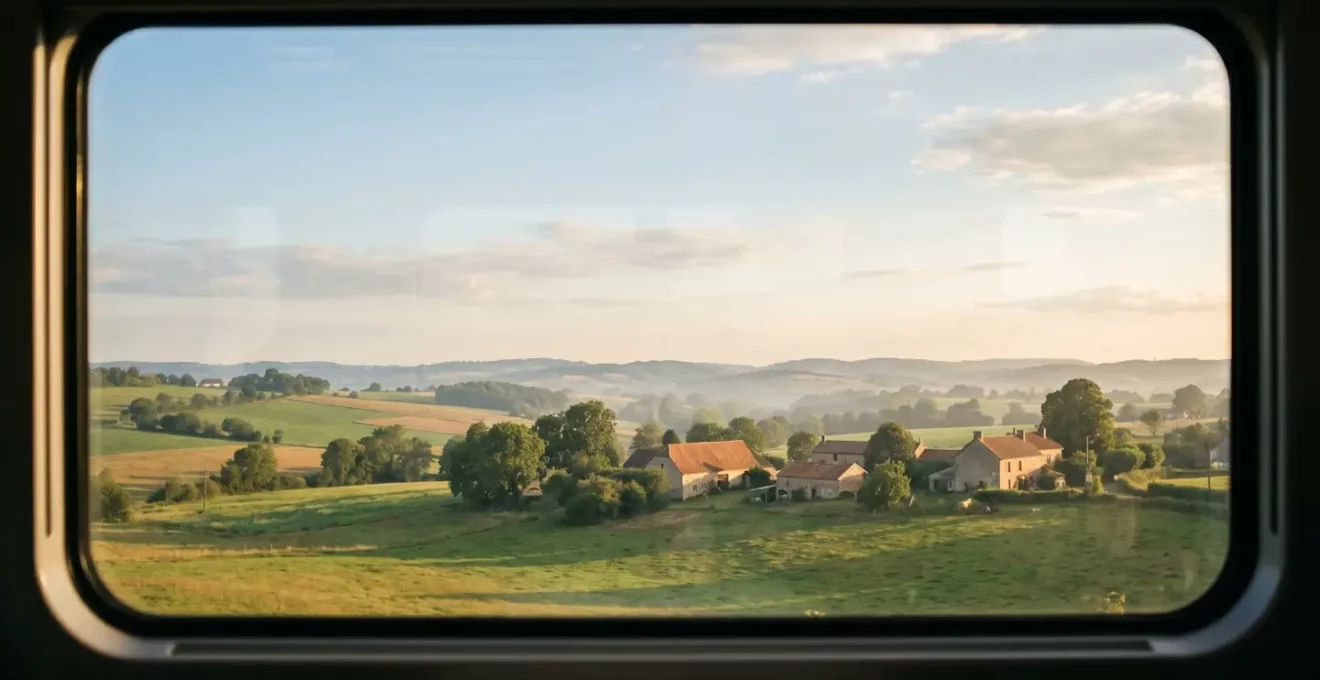 Vue de paysage rural français à travers une fenêtre de train avec collines verdoyantes et villages au loin