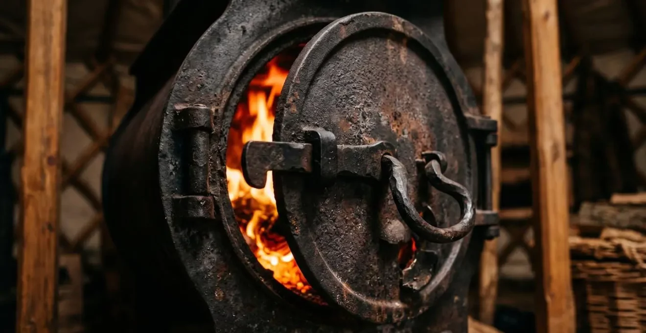 Gros plan sur un poêle à bois traditionnel en fonte diffusant une lumière chaleureuse dans une yourte