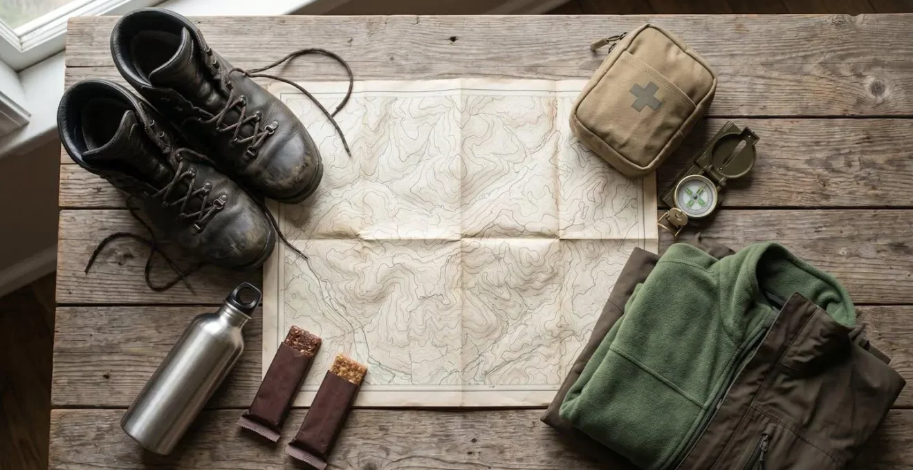 Équipement de randonnée disposé sur une table en bois avec carte topographique et chaussures de montagne