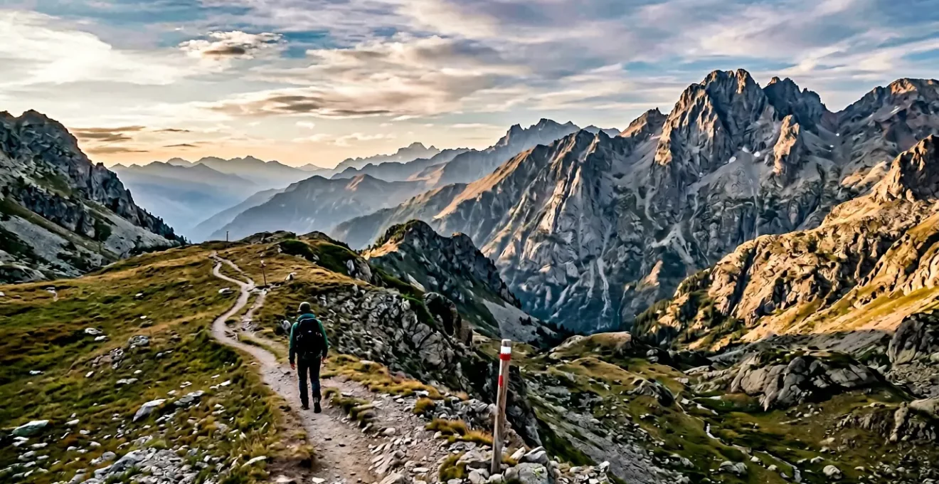 Randonneur équipé contemplant un sentier de grande randonnée en montagne française