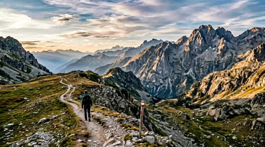 Randonneur équipé contemplant un sentier de grande randonnée en montagne française
