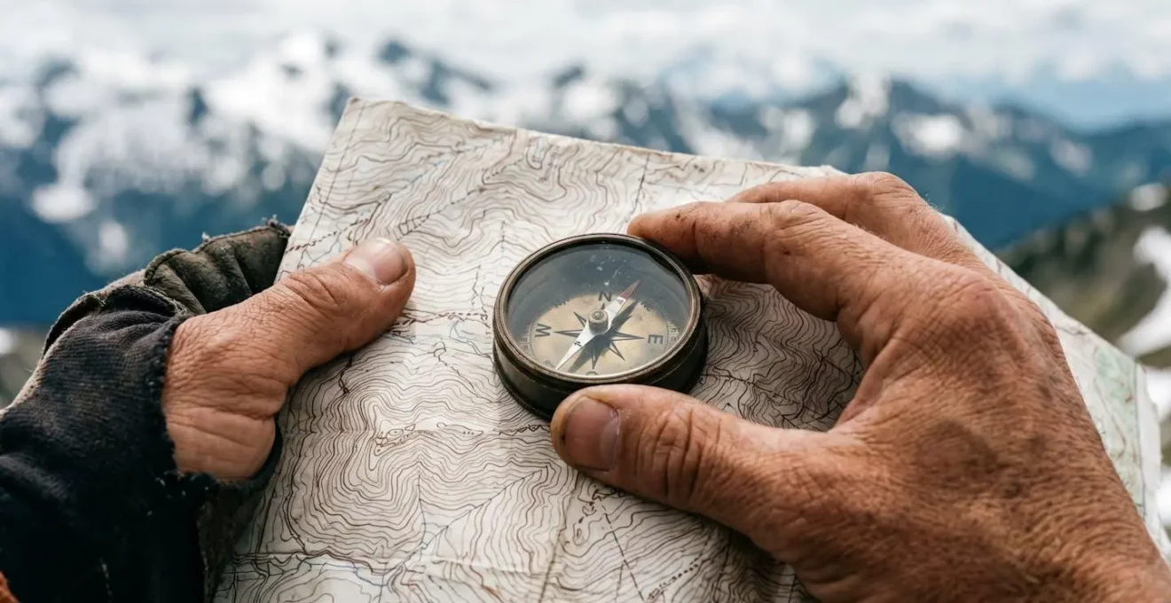 Mains de randonneur tenant une carte topographique en montagne avec boussole