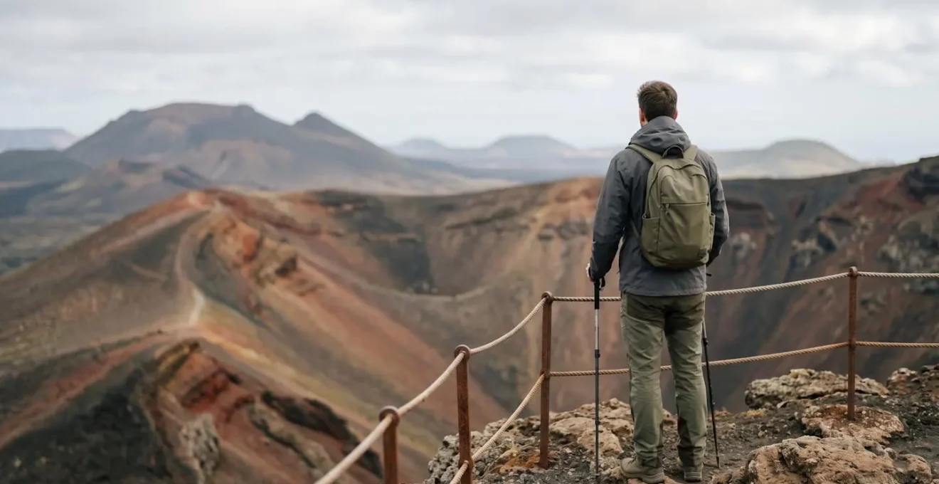 Randonneur solitaire contemplant un cratère volcanique dans un paysage préservé d'Auvergne