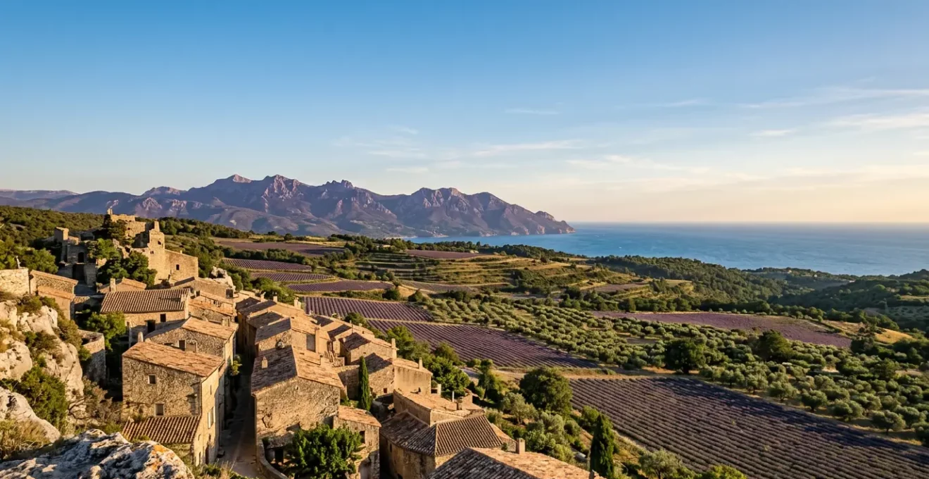 Paysage panoramique de Provence combinant mer Méditerranée, sommets des Alpes et villages perchés typiques