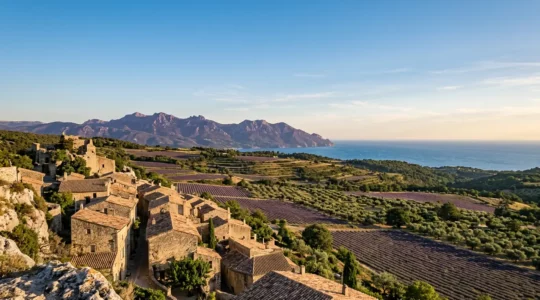 Paysage panoramique de Provence combinant mer Méditerranée, sommets des Alpes et villages perchés typiques