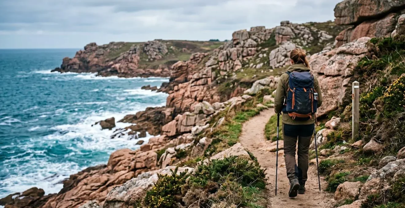 Randonneur sur le sentier côtier GR34 longeant les rochers roses et l'océan Atlantique