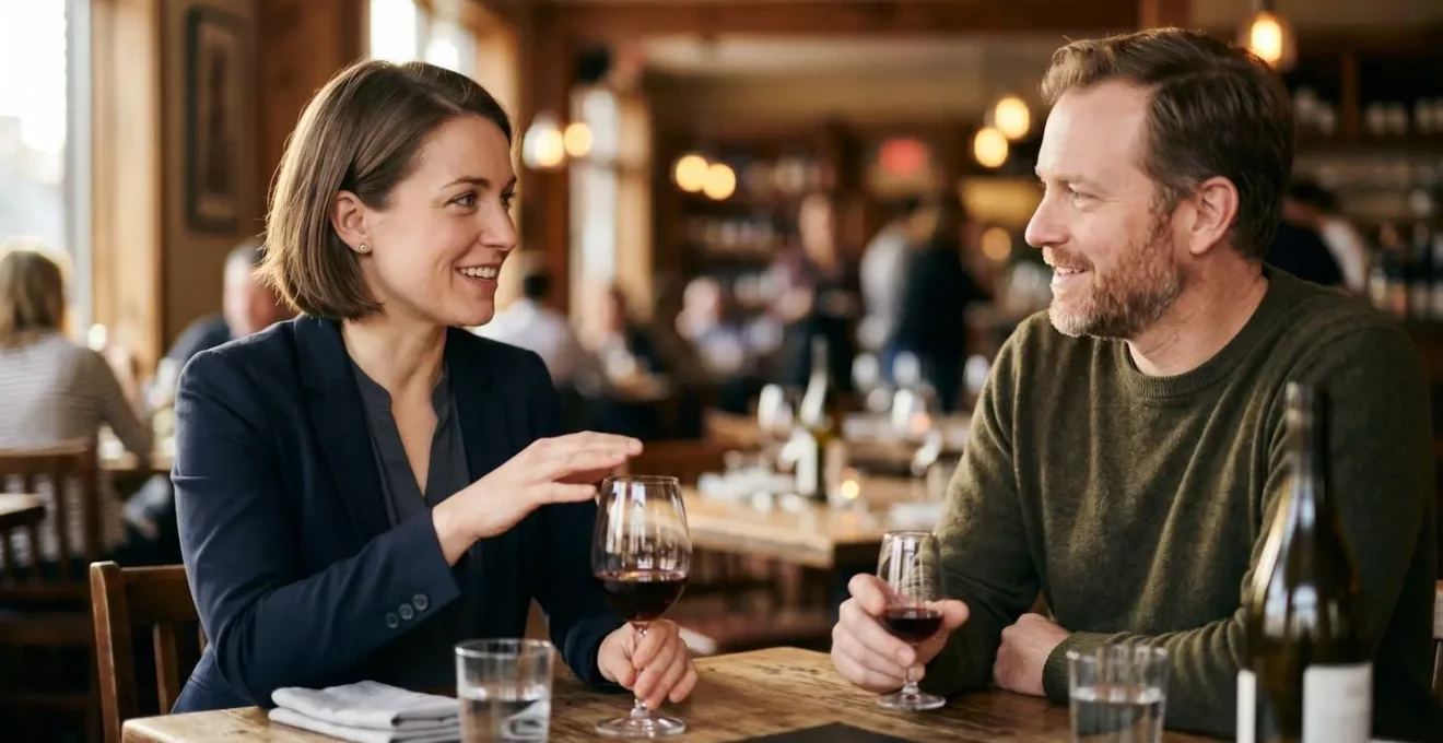 Interaction entre sommelier et client dans un restaurant gastronomique