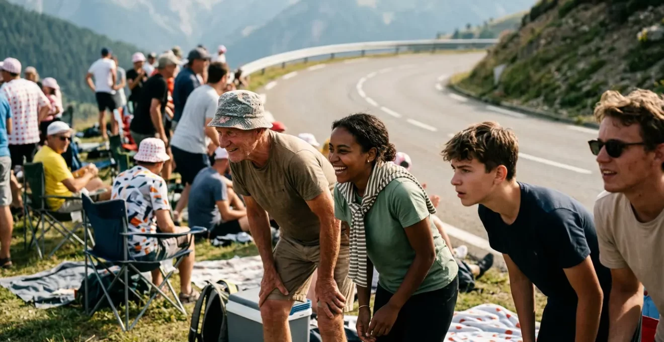 Foule de spectateurs enthousiastes au bord de la route lors du passage du Tour de France