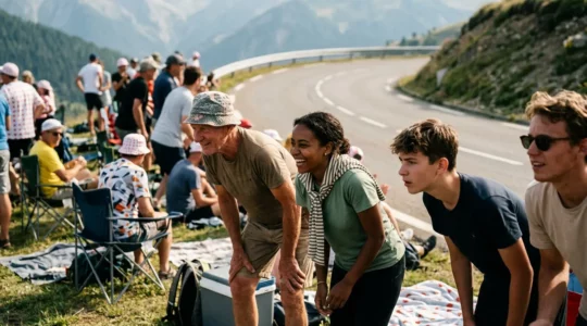 Foule de spectateurs enthousiastes au bord de la route lors du passage du Tour de France