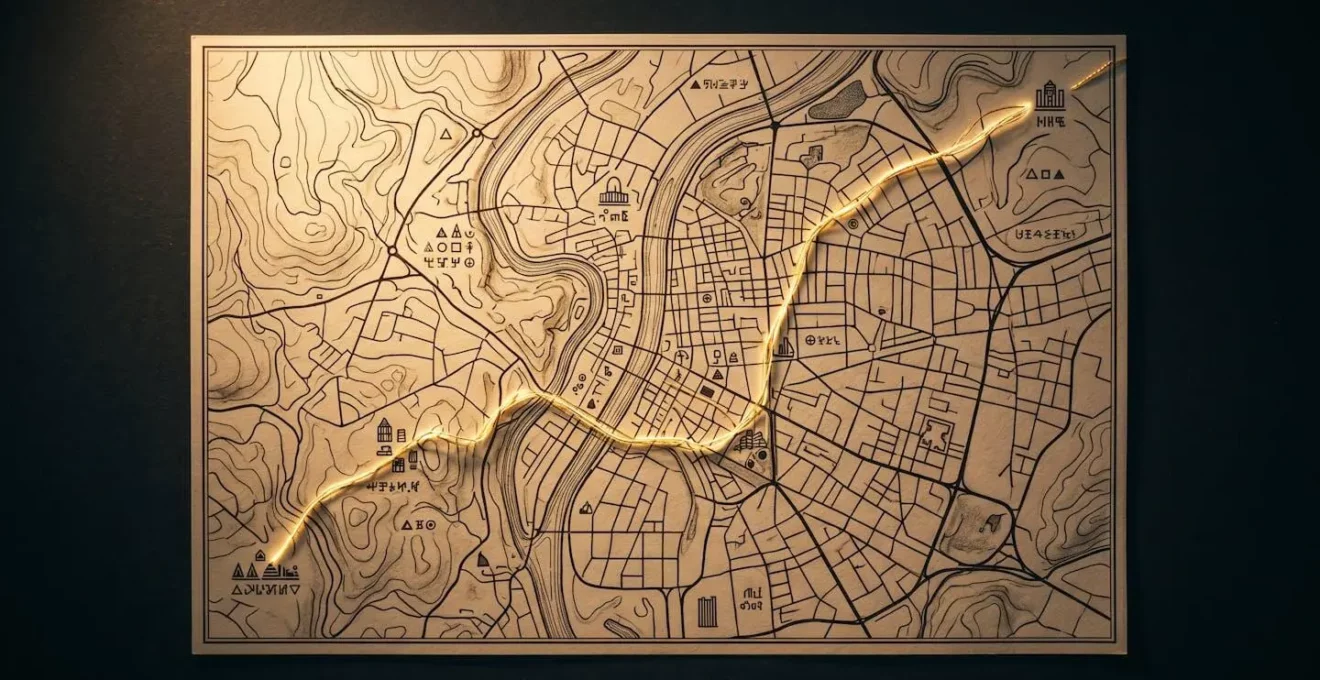 Carte géographique stylisée de Lyon avec marqueurs lumineux indiquant un parcours nocturne à travers la ville