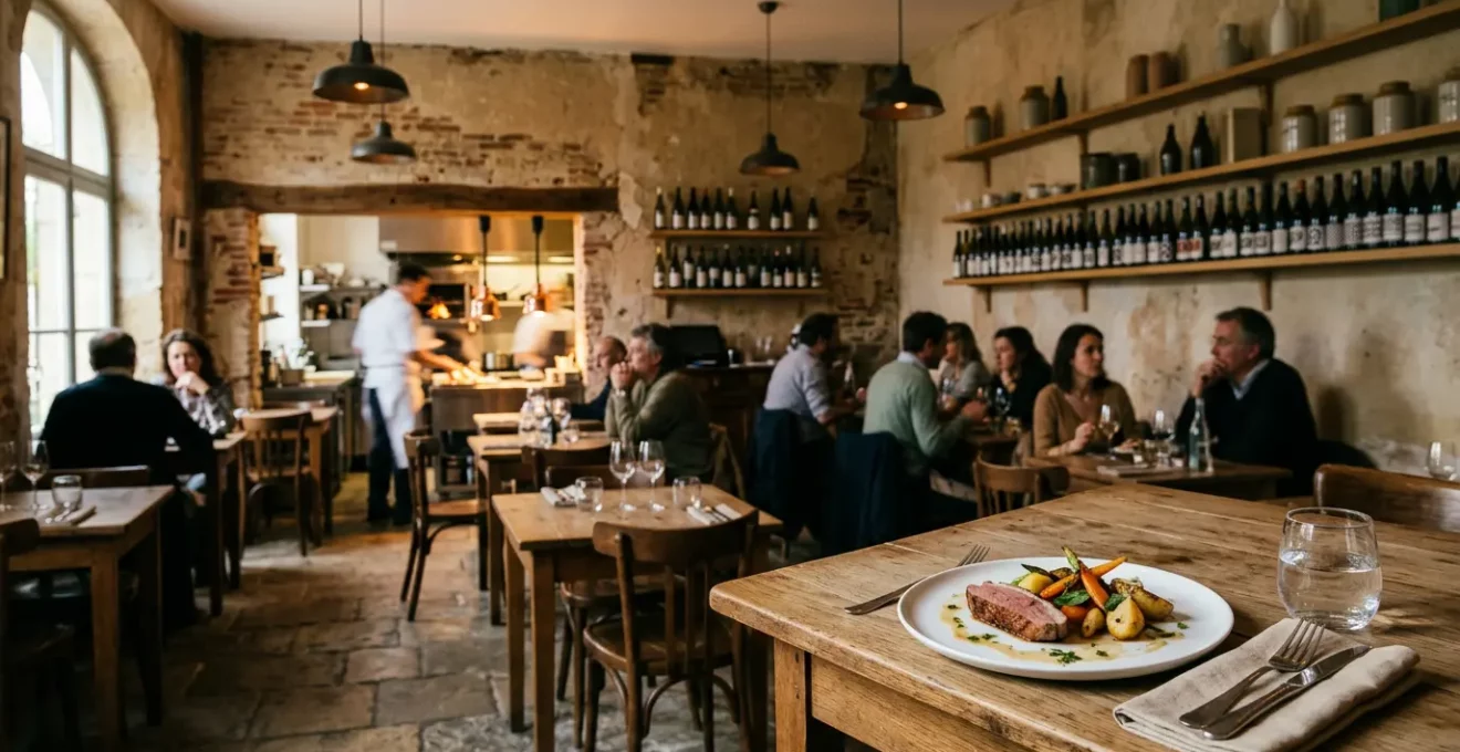 Ambiance chaleureuse d'un restaurant bistronomique français avec assiette créative et produits frais